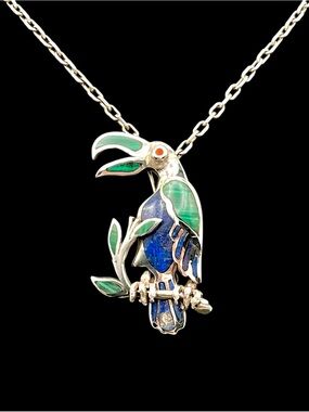 Vintage Sterling Silver Malachite Lapis Toucan Tropical Bird Pendant 925 18g